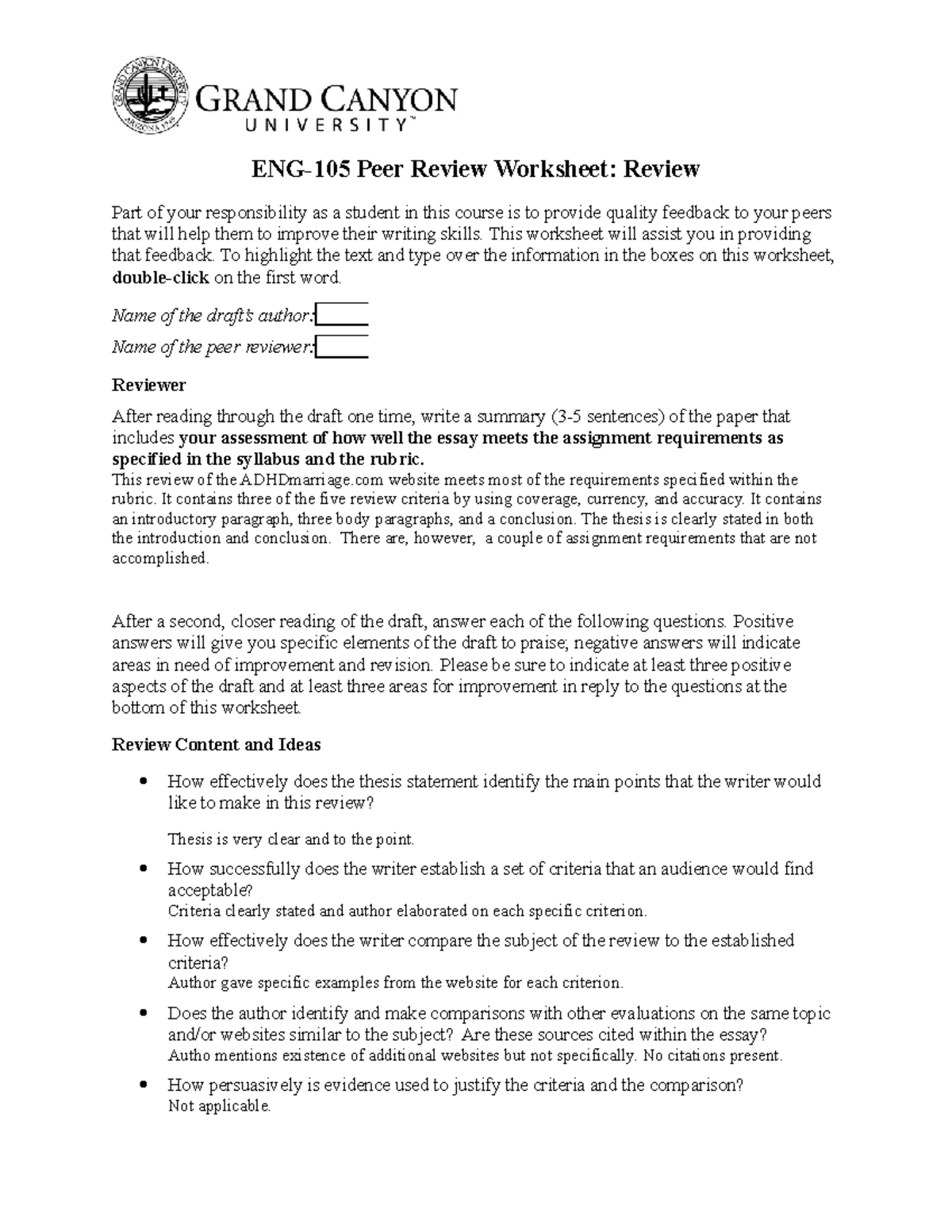 Eng 105 Peer Review Worksheet Rhetorical Analysis Of A Public Document