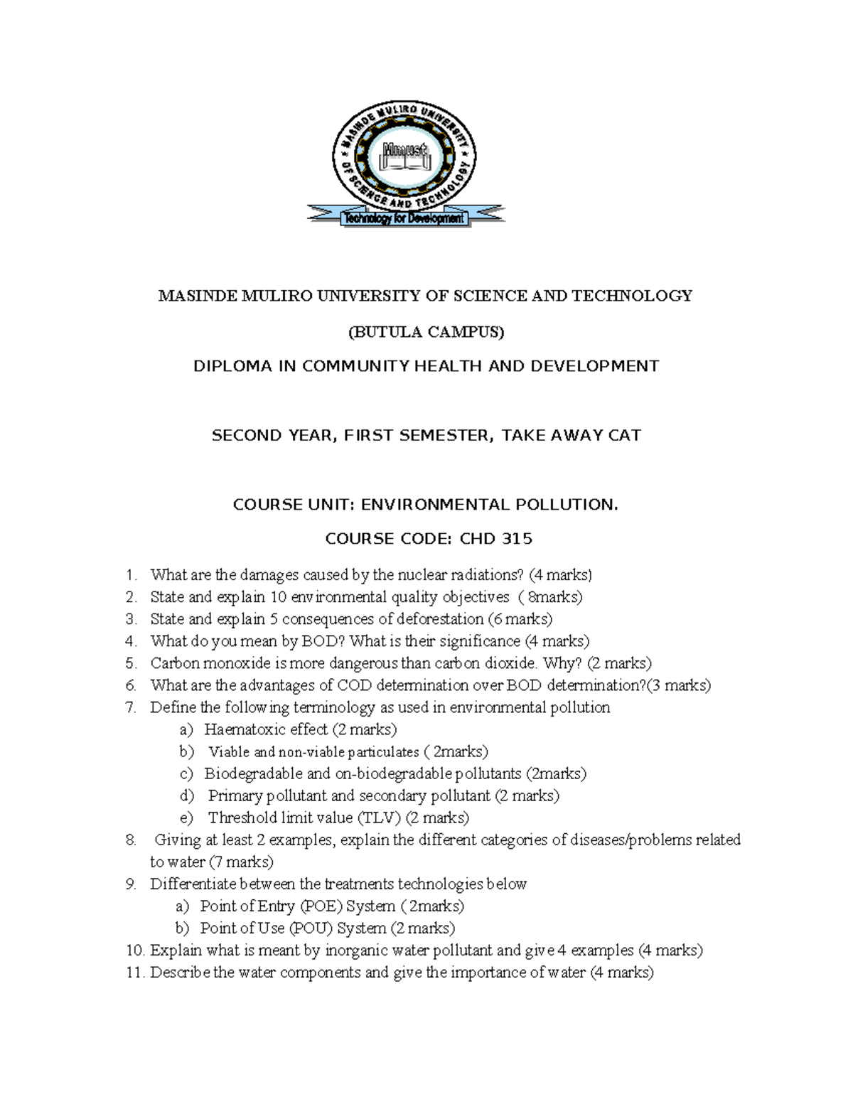 TAKE AWAY CAT Environmental Pollution - MASINDE MULIRO UNIVERSITY OF ...