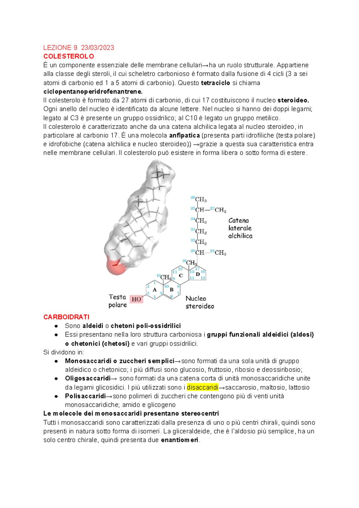 Biochimica prof Zara lezione 9 - LEZIONE 9 23/03/ COLESTEROLO È un ...