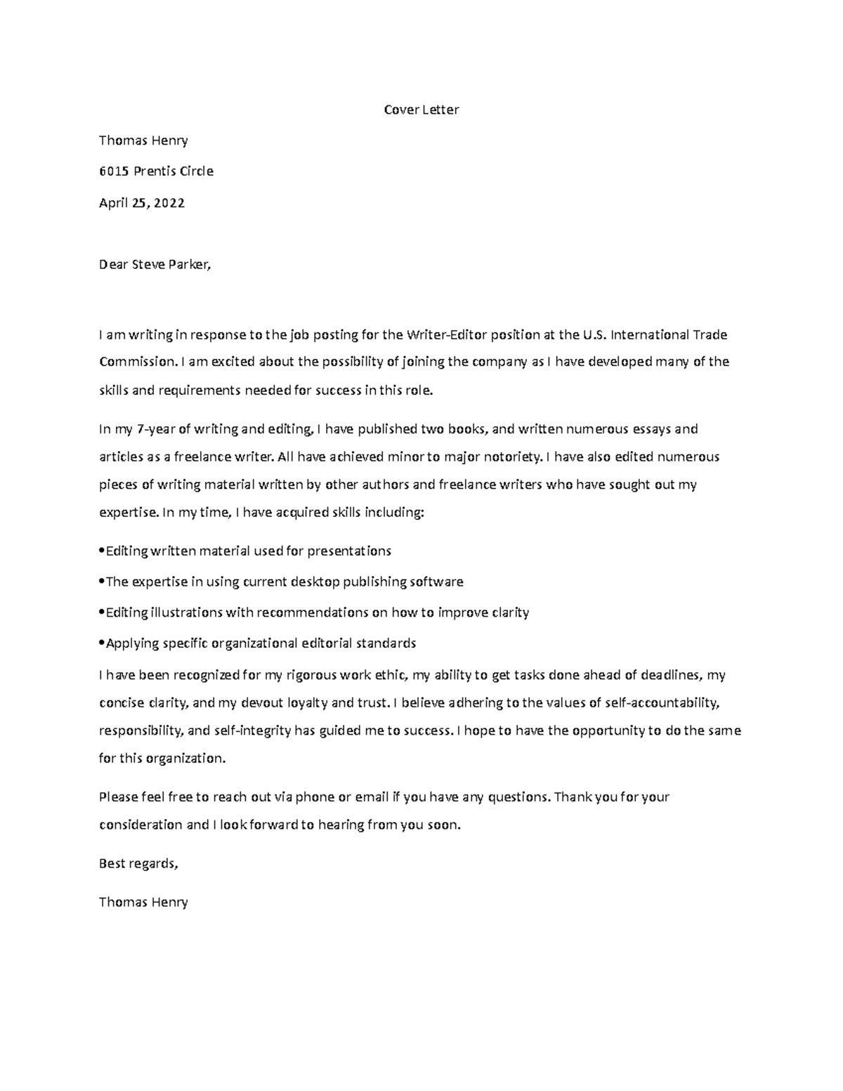 Cover Letter - Business - Cover Letter Thomas Henry 6015 Prentis Circle 