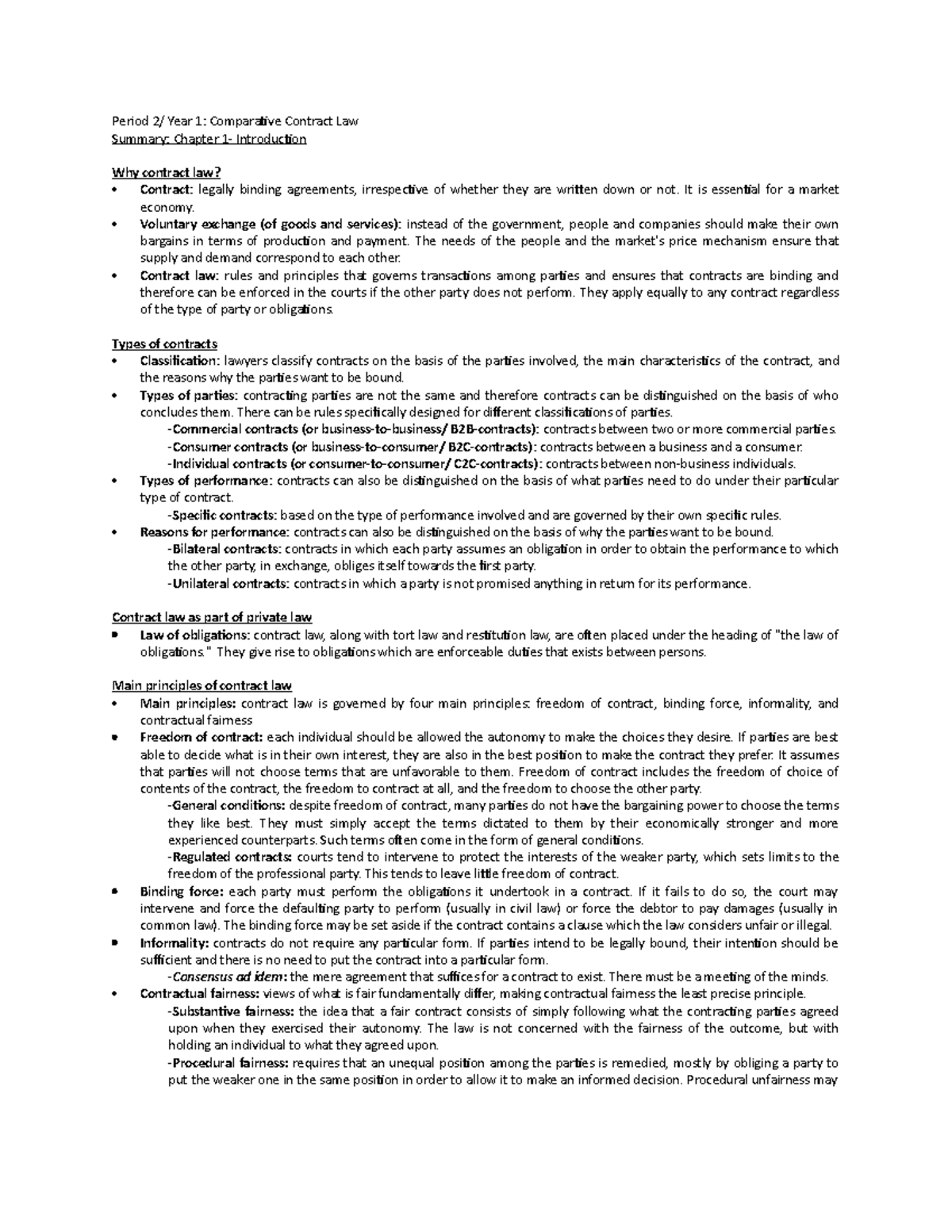 Comparative Contract Law summary - It is essential for a market economy ...