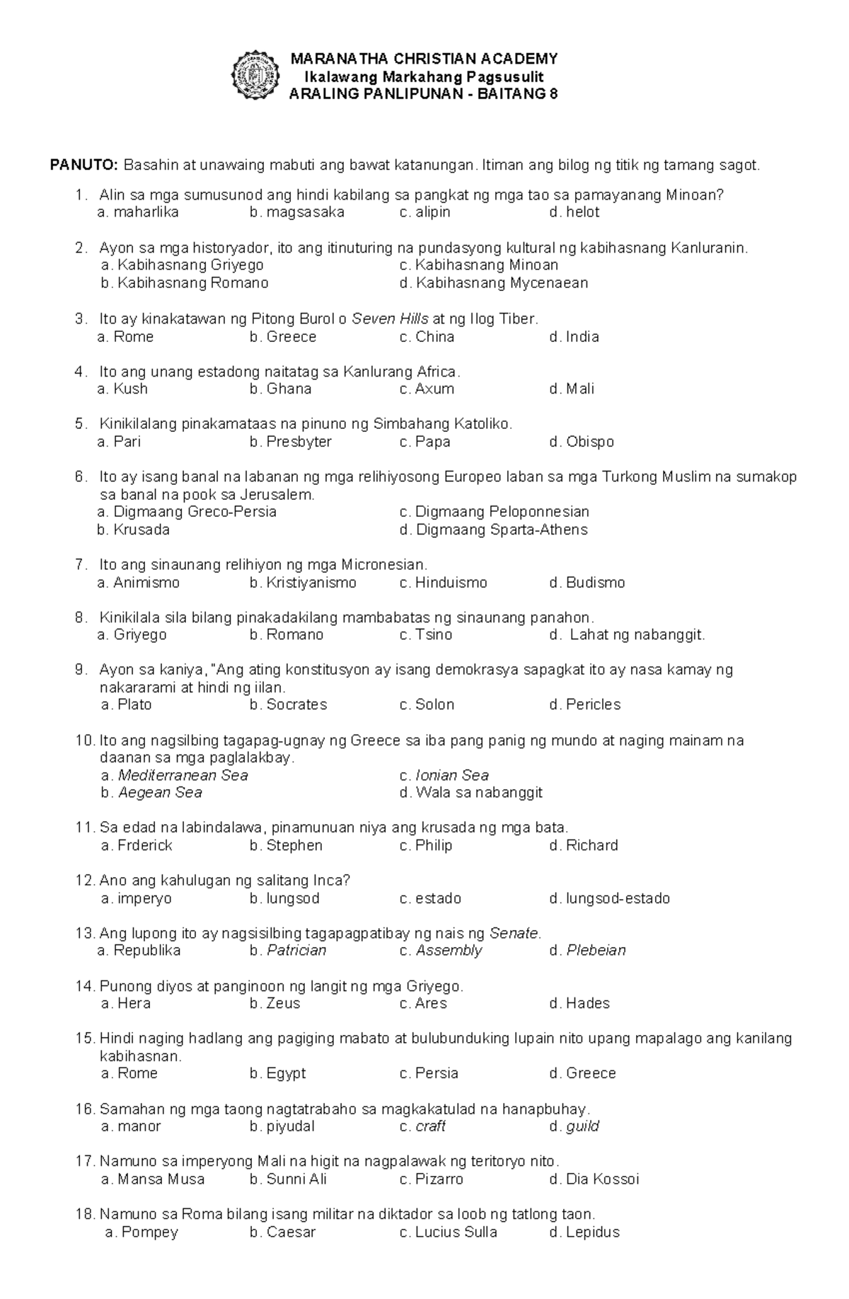 AP8 Exam 2nd Quarter - EXAMINATION - MARANATHA CHRISTIAN ACADEMY ...