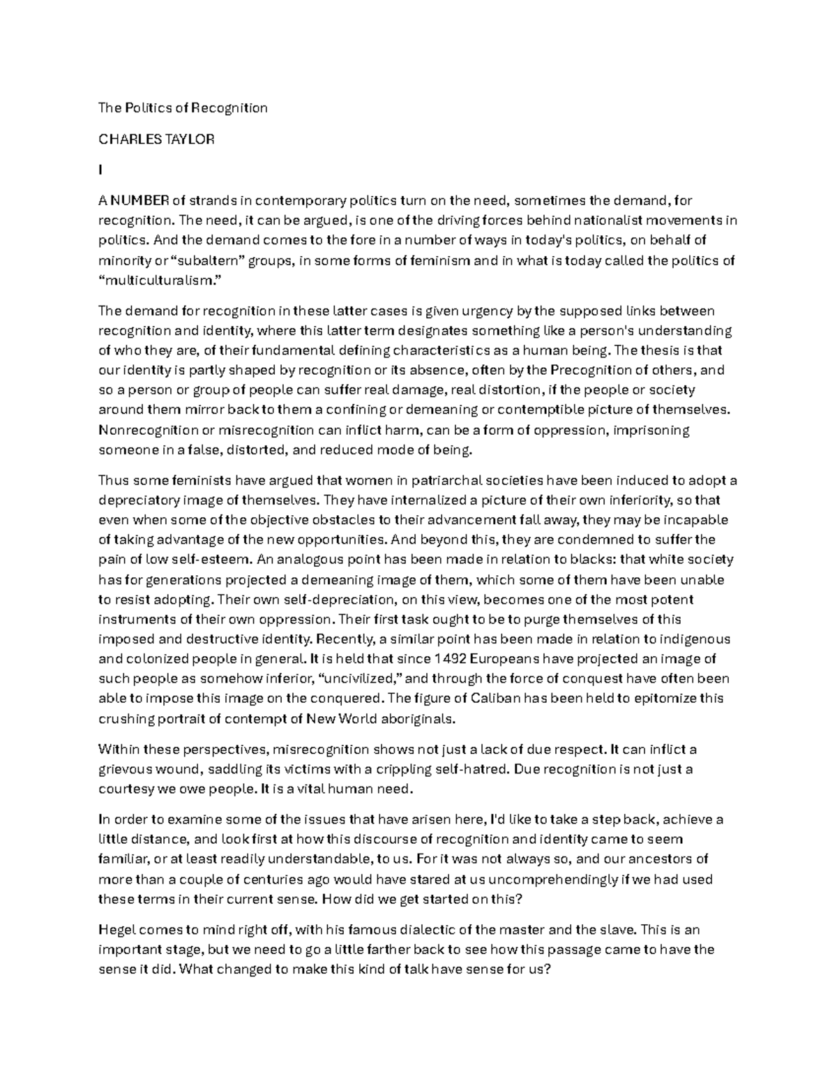 Week 3 taylor multiculturalism 010 - The Politics of Recognition 