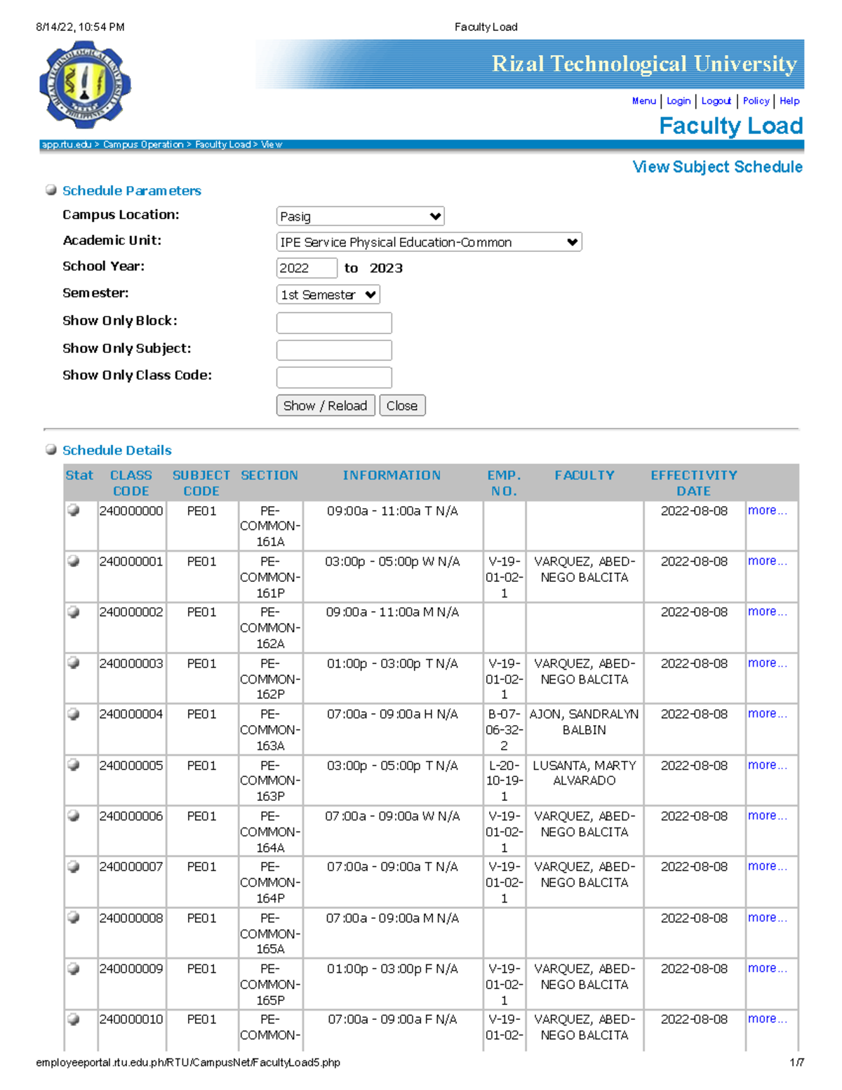 Pe1 And Pe3 Subject Schedule 1st Sem Menu Login Logout Policy