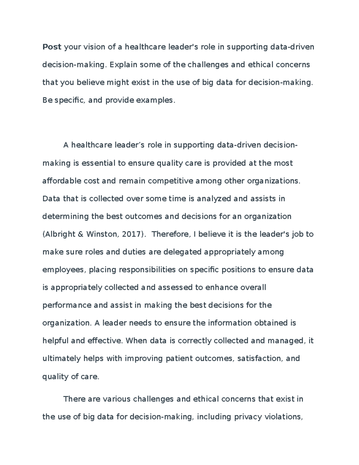 Data Driven Decision Making Discussion 1 DDHA 8800 - Post your vision ...