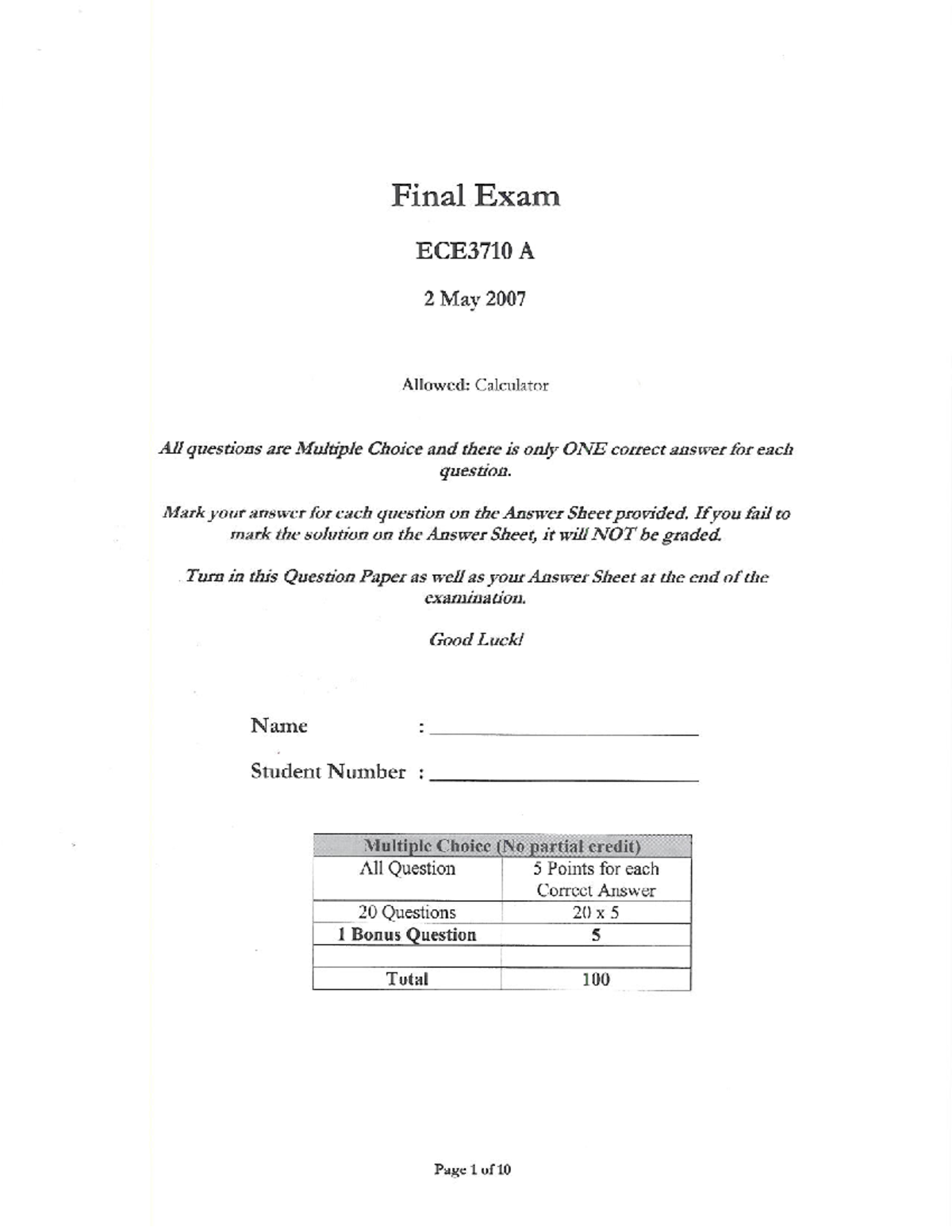 Final Exam 2 May 2007 Solutions - ECE 3710 - Studocu