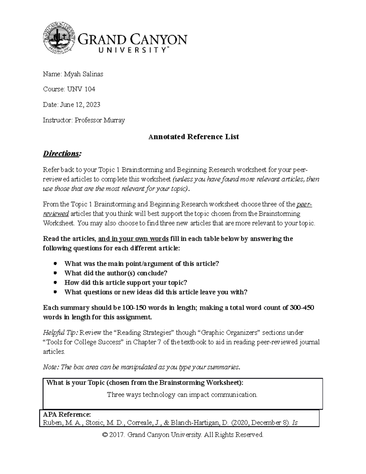UNV-104 Reading Strategies and Annotated Reference List Assignment ...