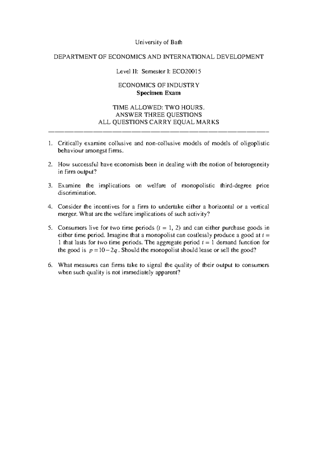 Sample/practice exam 2015, questions University of Bath DEPARTMENT OF