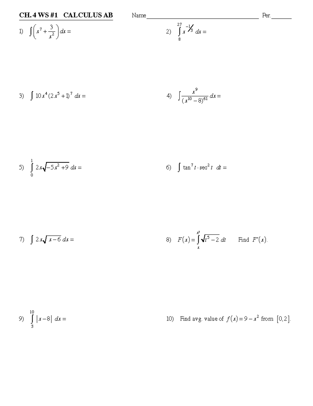 Ch 4 Ws 1 Calc Ab Dr Meyers Calc Lecture Worksheet To Prepare For Final With Answers