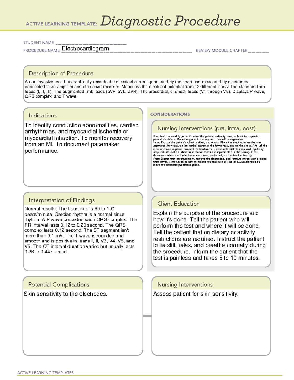 ATI - diagnostic procedure template Electrocardiogram - ACTIVE LEARNING ...