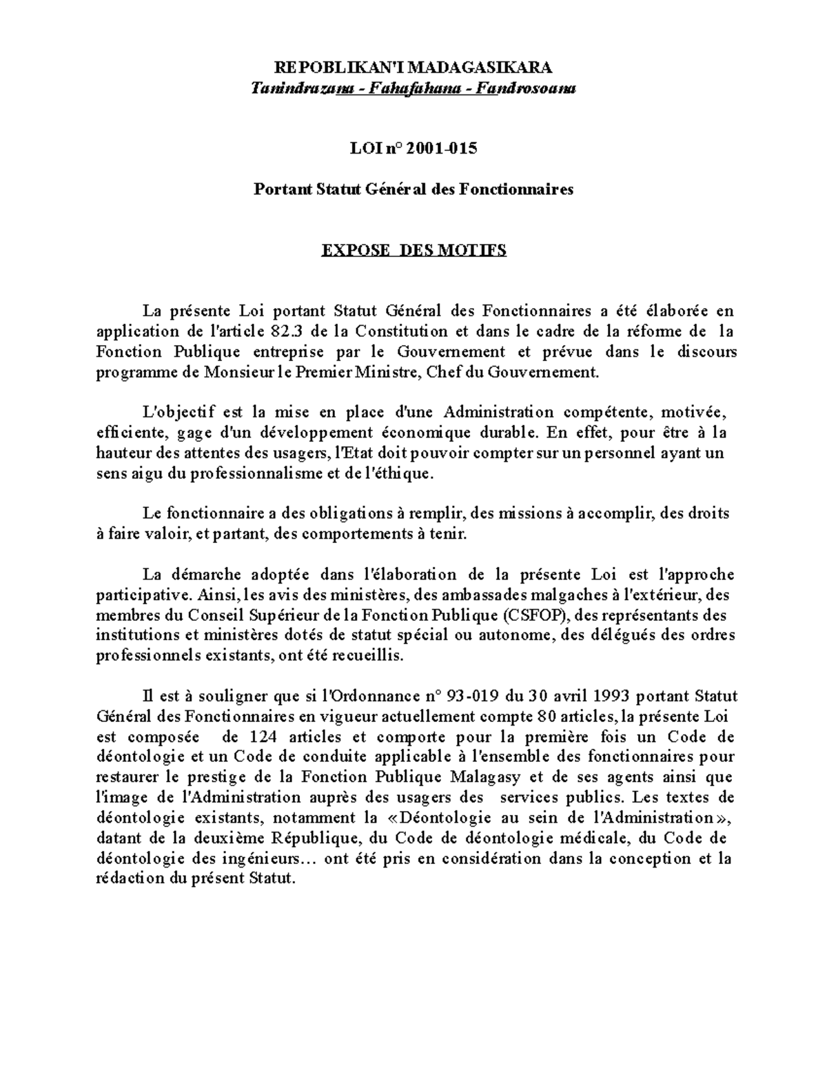Loi n° 2001 015 Portant Statut Général des Fonctionnaires - REPOBLIKAN ...