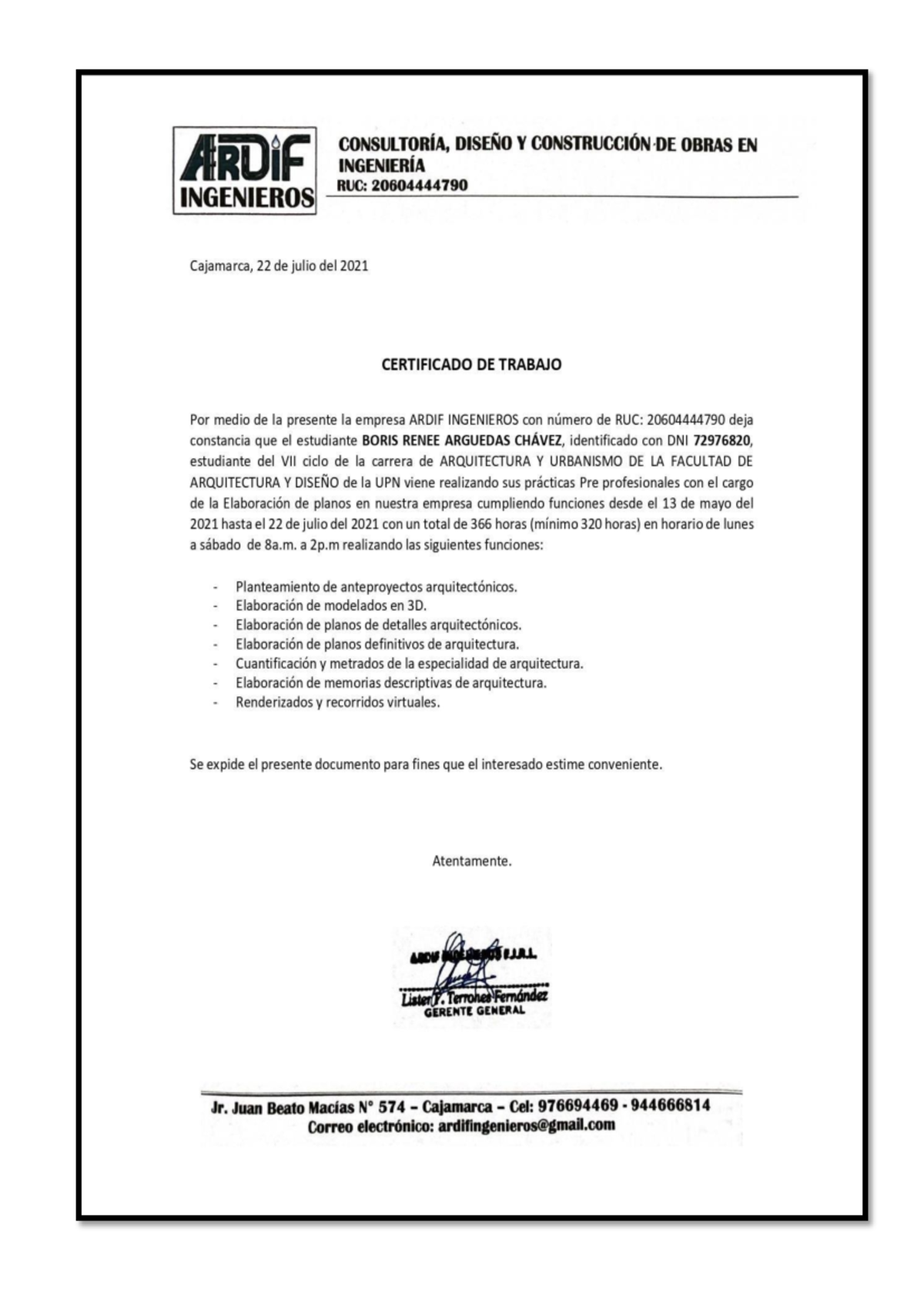 Certificado DE Arquitecto Cajamarca - Arquitectura - Studocu