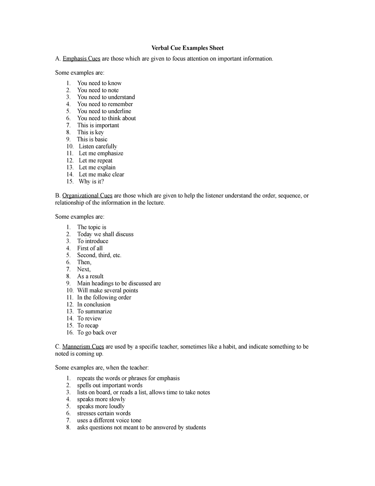 Verbal Cues Examples Brainly