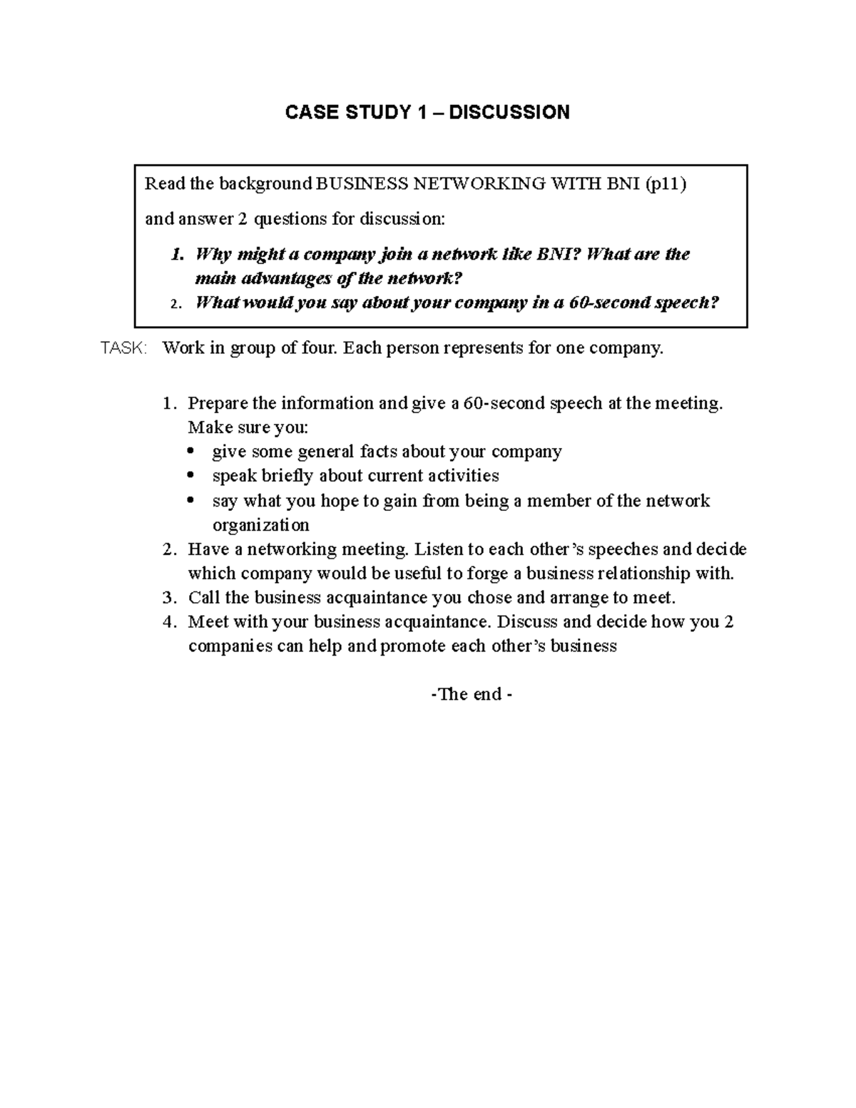 SELF Study -CASE Study 1 - CASE STUDY 1 – DISCUSSION TASK: Work in ...