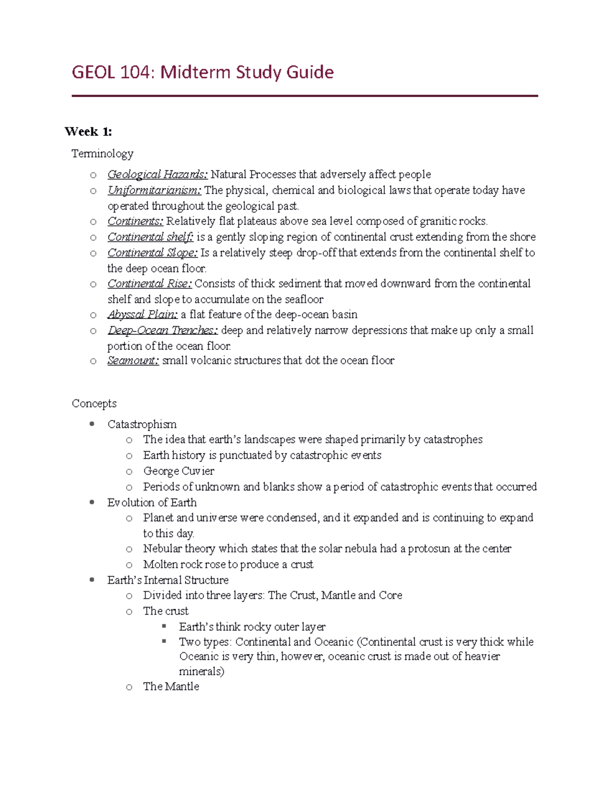 GEOL 104 - Midterm Study Guide - GEOL 104: Midterm Study Guide Week 1 ...