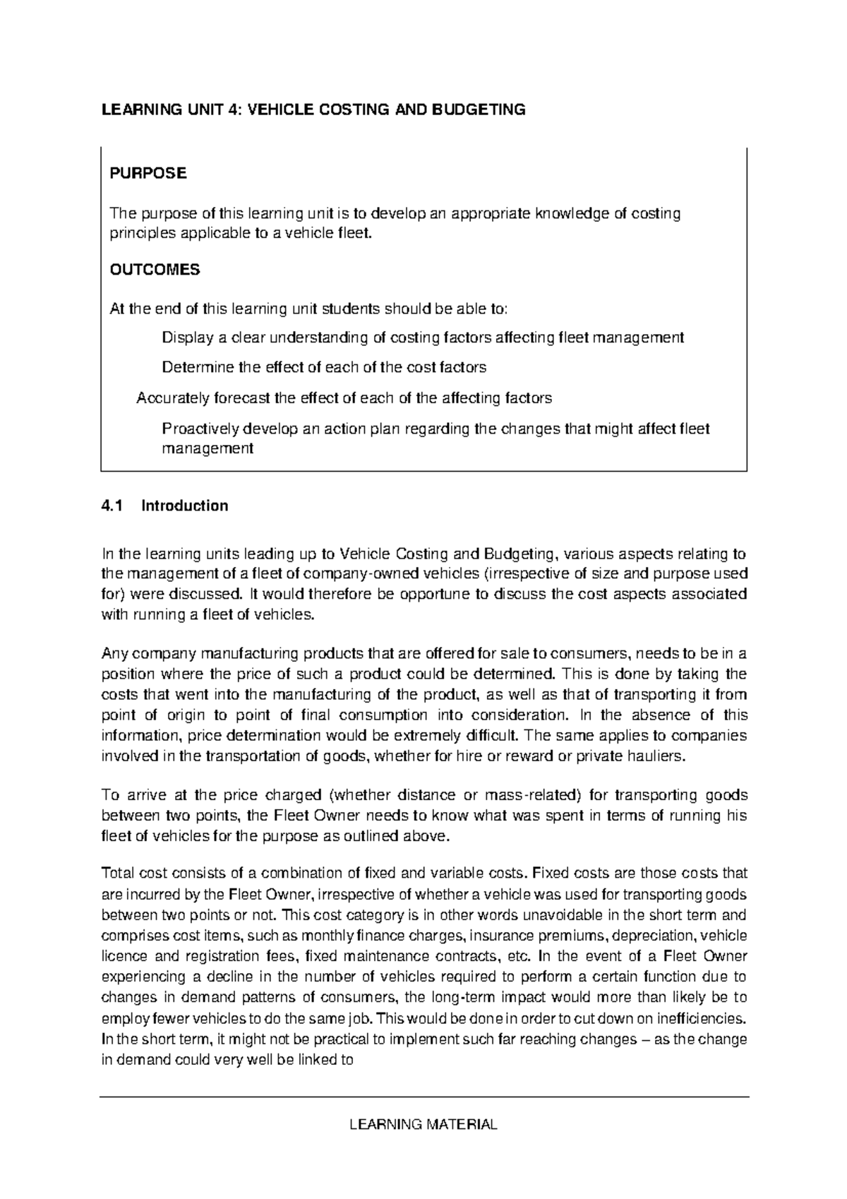 Vehicle Costing AND Budgeting LEARNING UNIT 4 VEHICLE COSTING AND