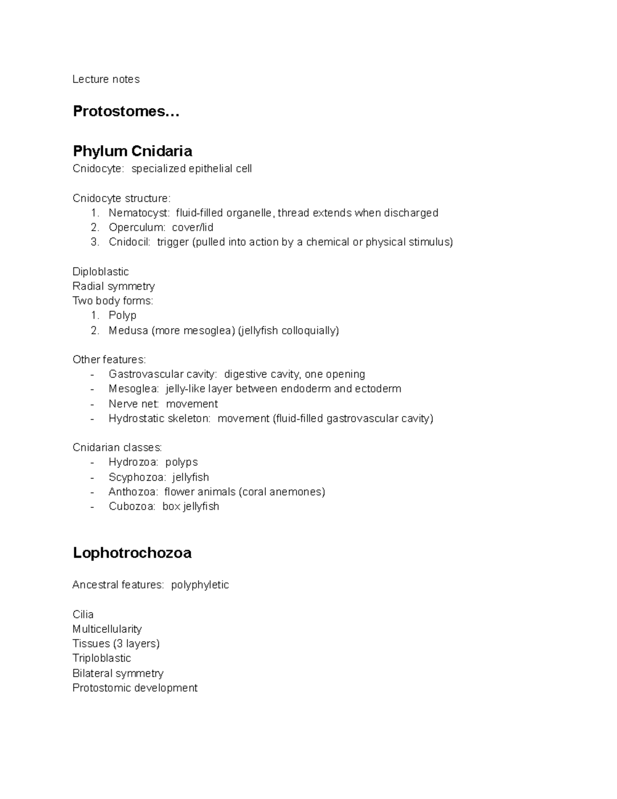 Lecture notes Exam 1 - Lecture notes Protostomes... Phylum Cnidaria ...