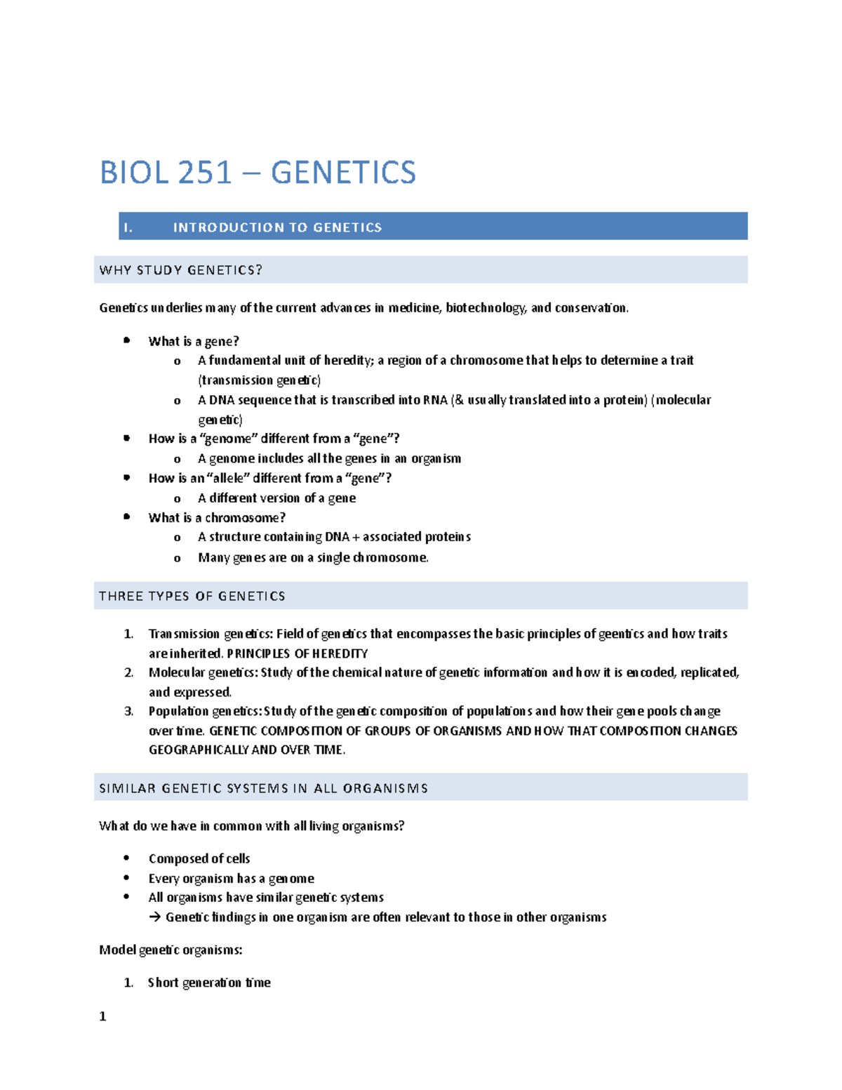 Genetics Cumulative - Lecture notes 1-19 - BIOL 251 GENETICS I ...