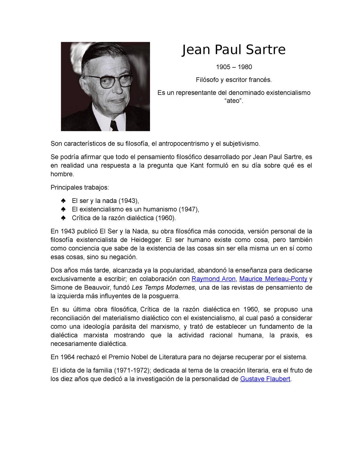 Jean Paul Sartre, Gabriel Marcel Marcel y Emmanuel Mounier - Jean Paul  Sartre 1905 – 1980 Filósofo - Studocu