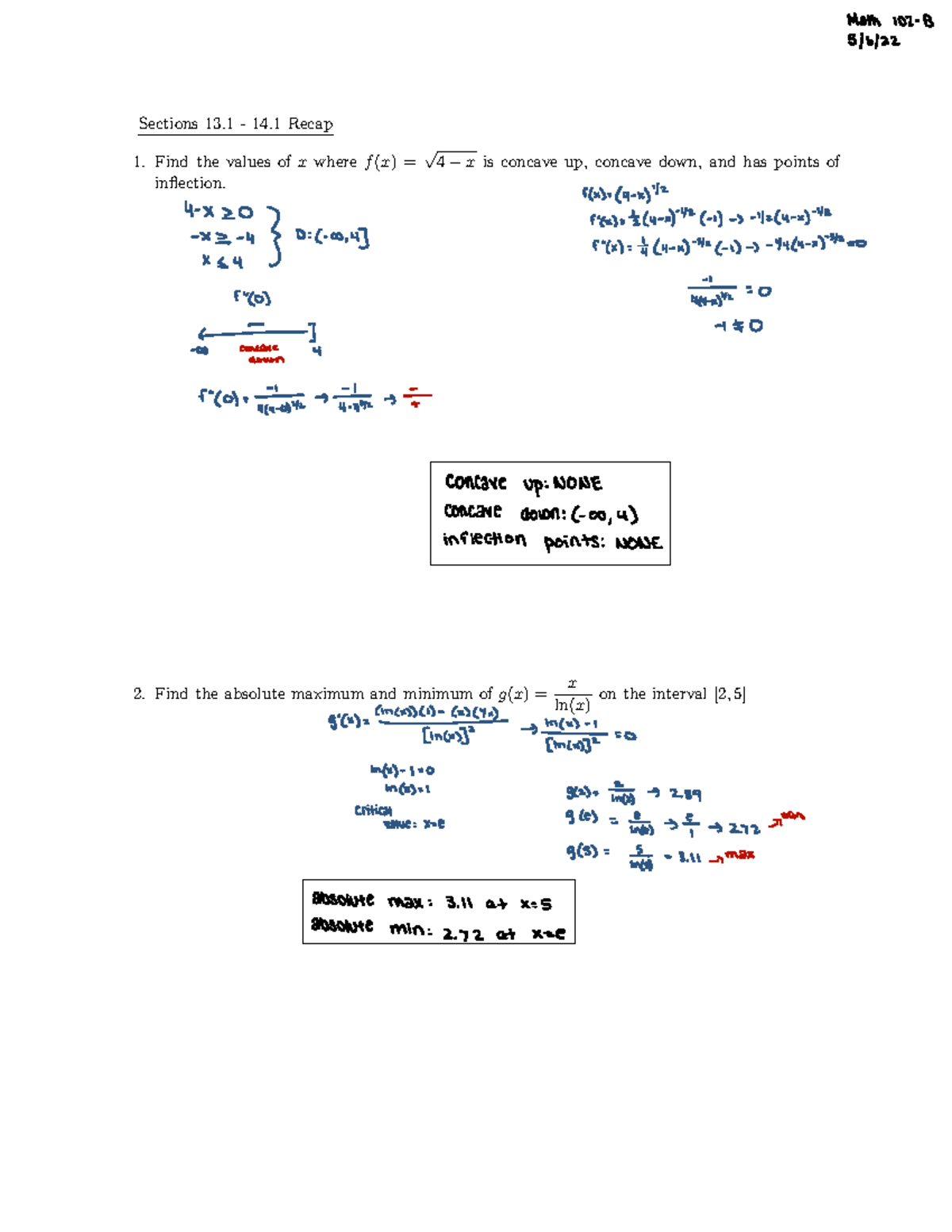 Math 102-b, 5-6-22 notes - Sections 13 - 14 Recap 1. Find the values of ...