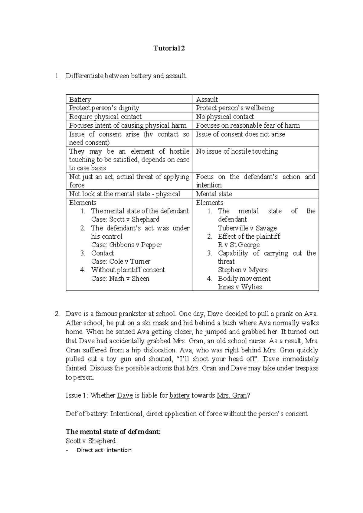 Tutorial 2 - Tutorial 2 Differentiate between battery and assault ...