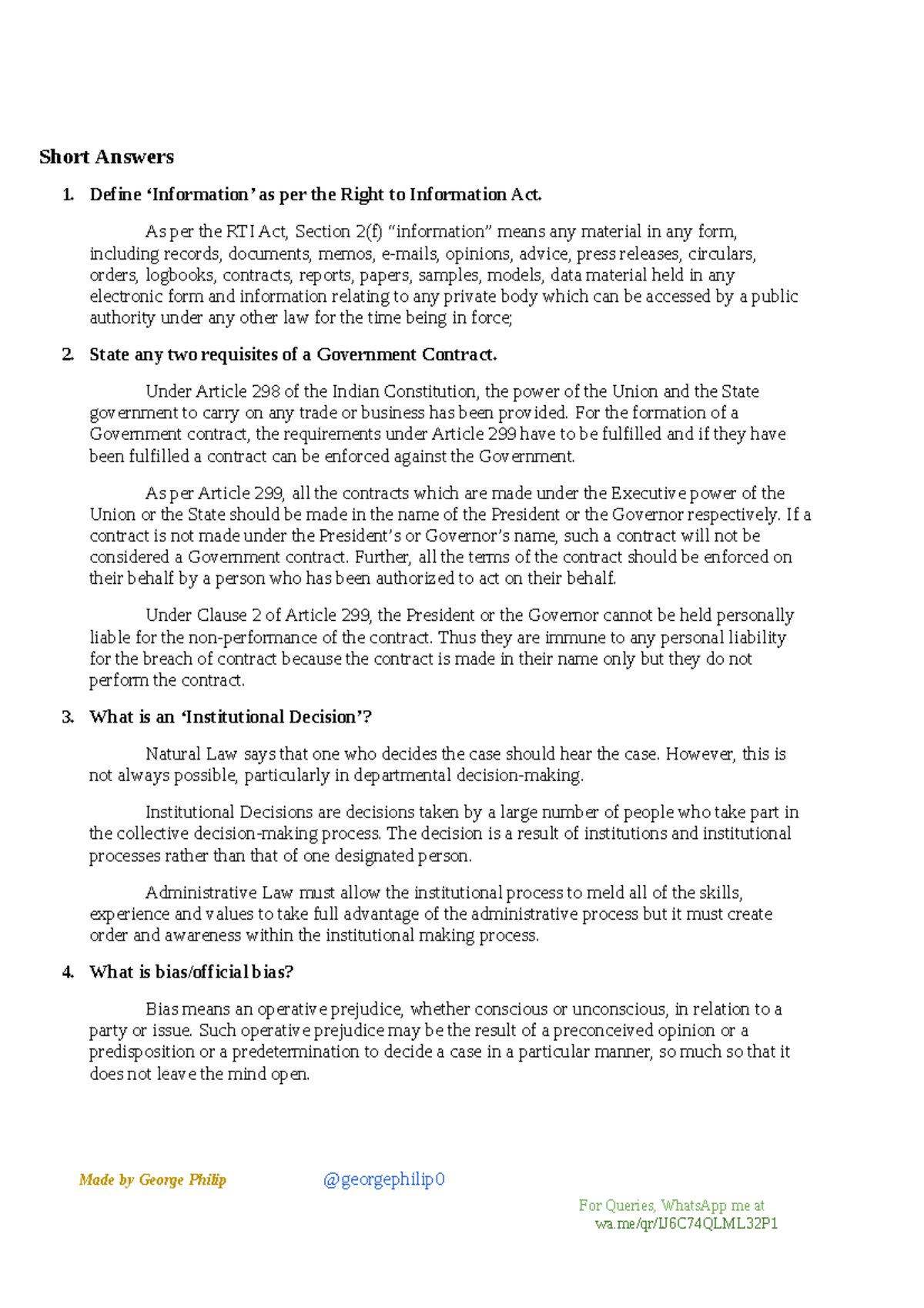 PYQ with Answers Administrative Law Short Answers Define