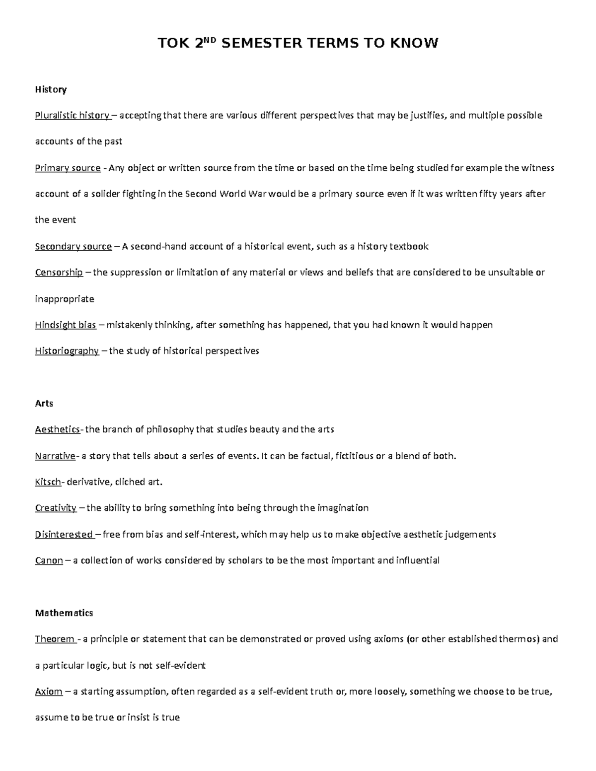 TOK 2nd Semester Terms to Know TOK 2ND SEMESTER TERMS TO KNOW History