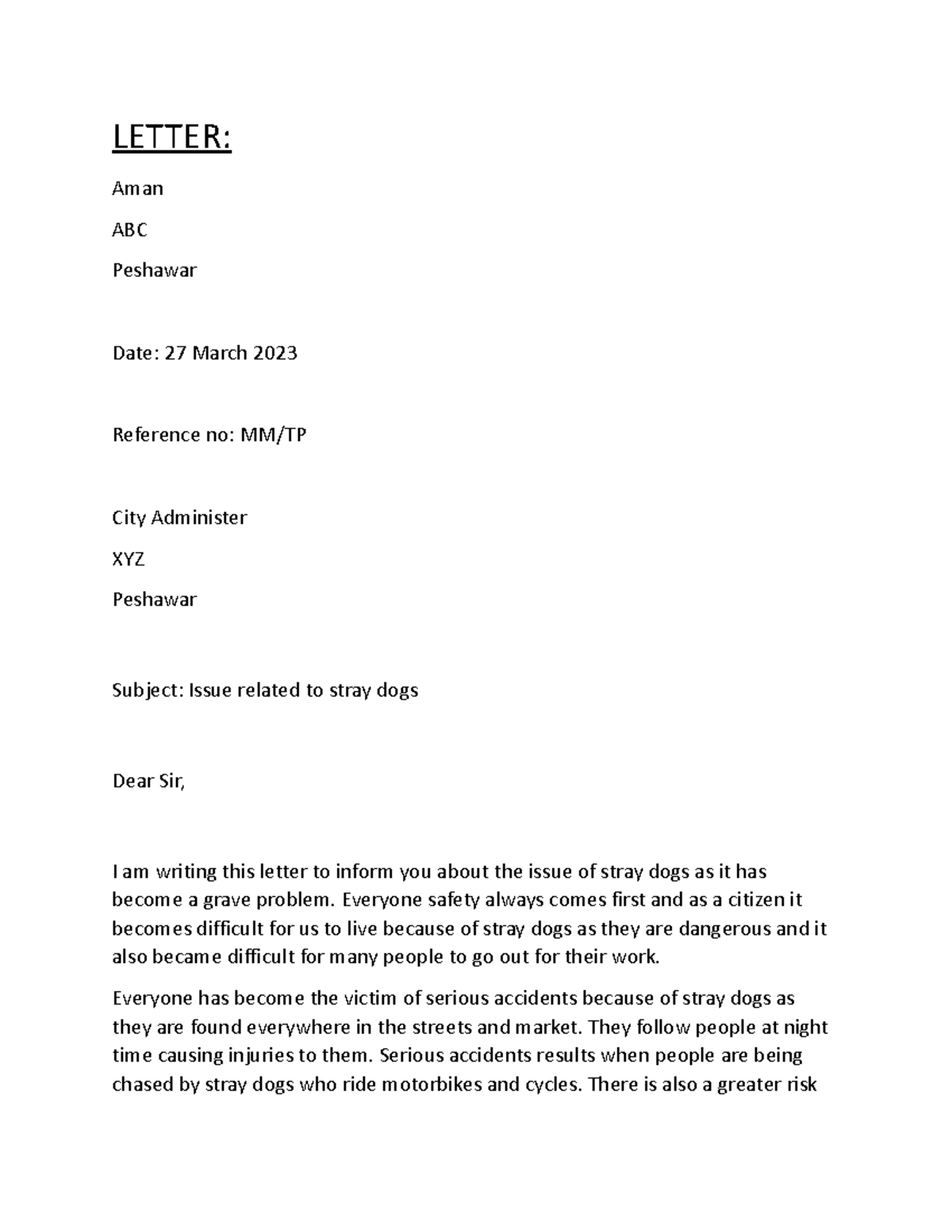 Letter STAY DOGS Issue - notes - LETTER: Aman ABC Peshawar Date: 27 ...