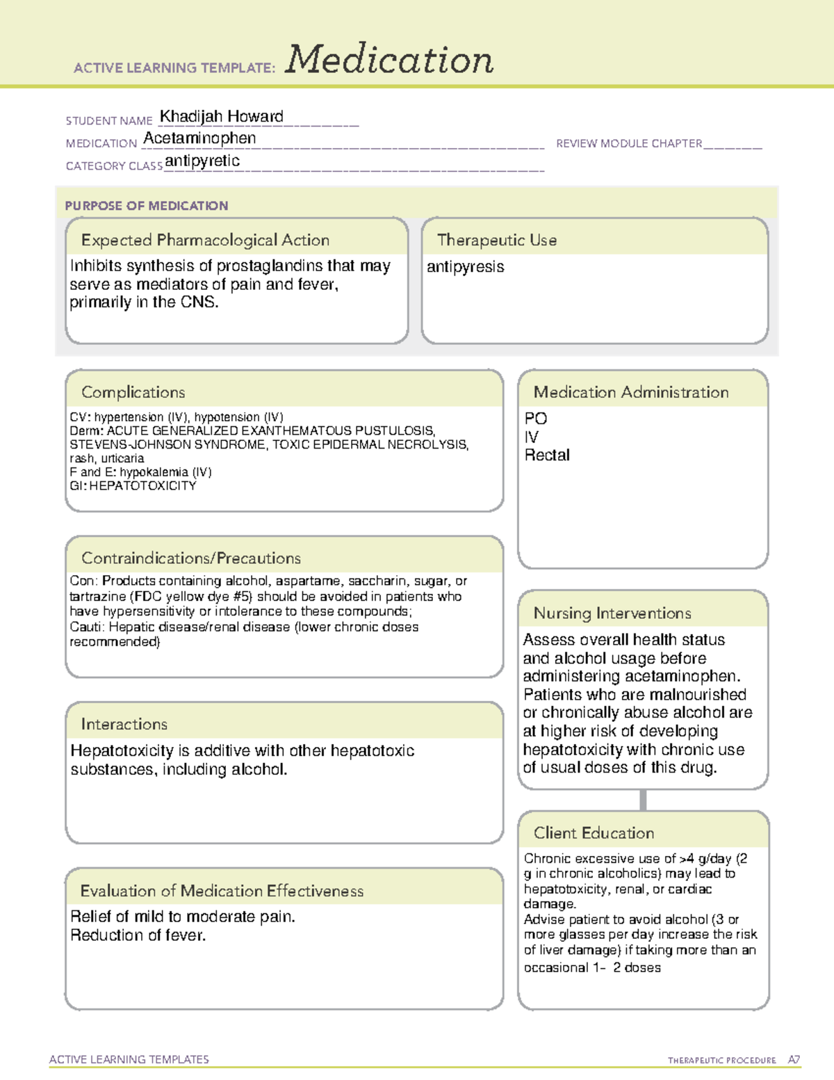 Acetaminophen Med Template ACTIVE LEARNING TEMPLATES THERAPEUTIC