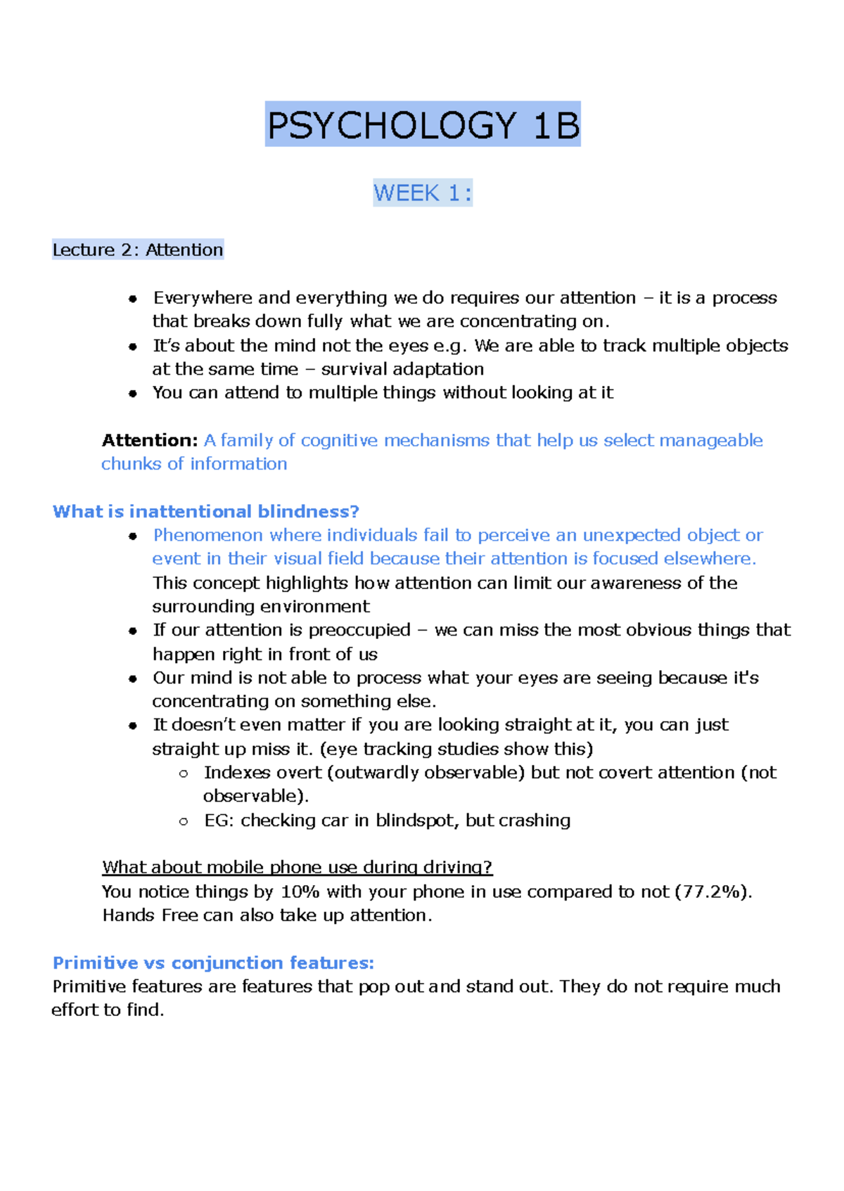 Psychology 1B - Lectures 2-3 notes - PSYCHOLOGY 1B WEEK 1: Lecture 2 ...
