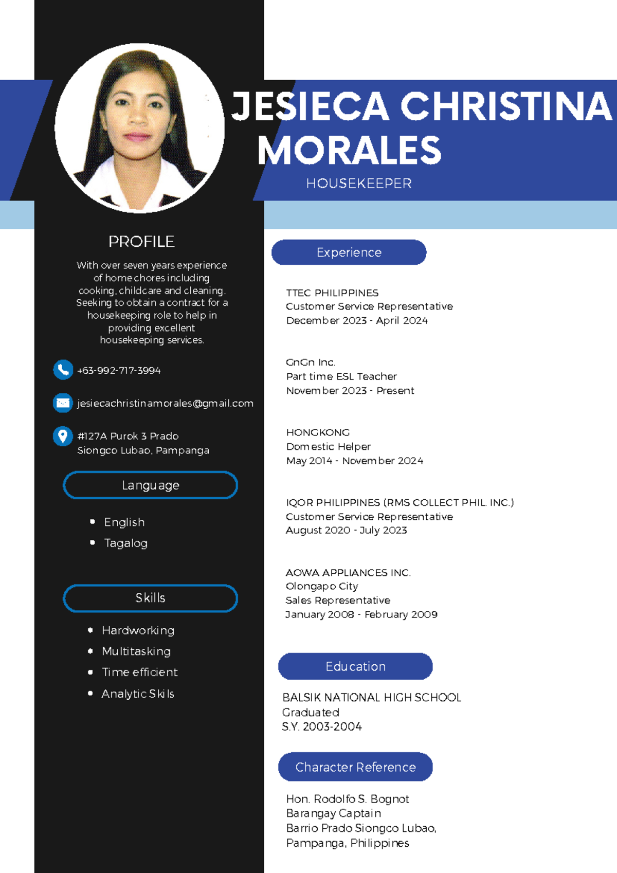 Jesieca Christina Morales - Experience Education Character Reference ...