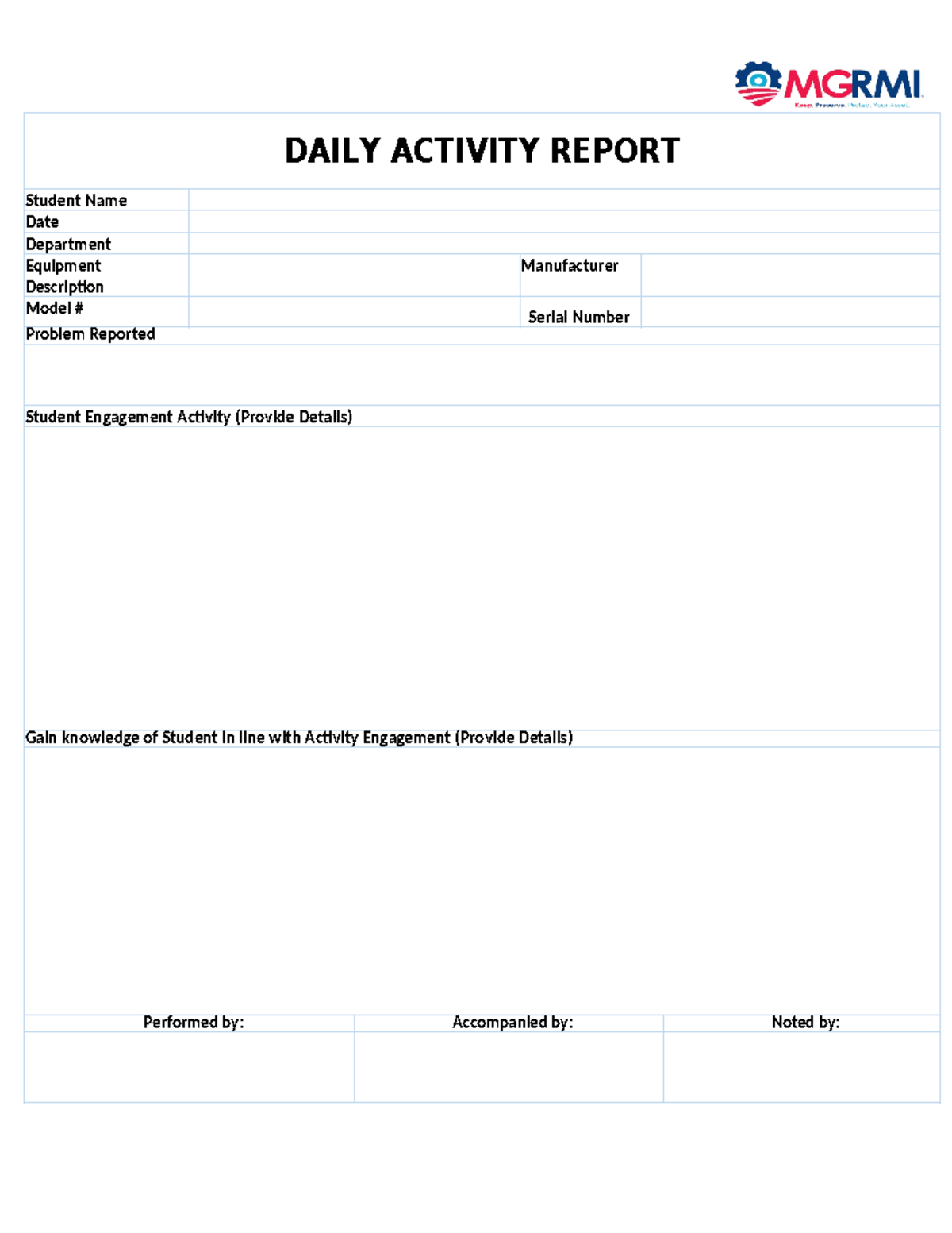 Daily Activity Report Template - Student Name Date Department Equipment ...