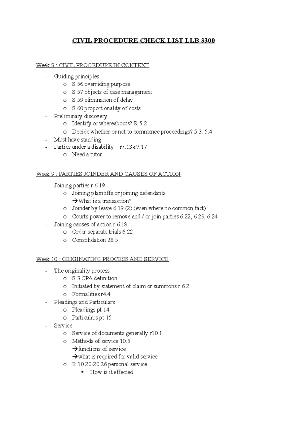 Civil Procedure Check LIST LLB 3300 - CIVIL PROCEDURE CHECK LIST LLB ...