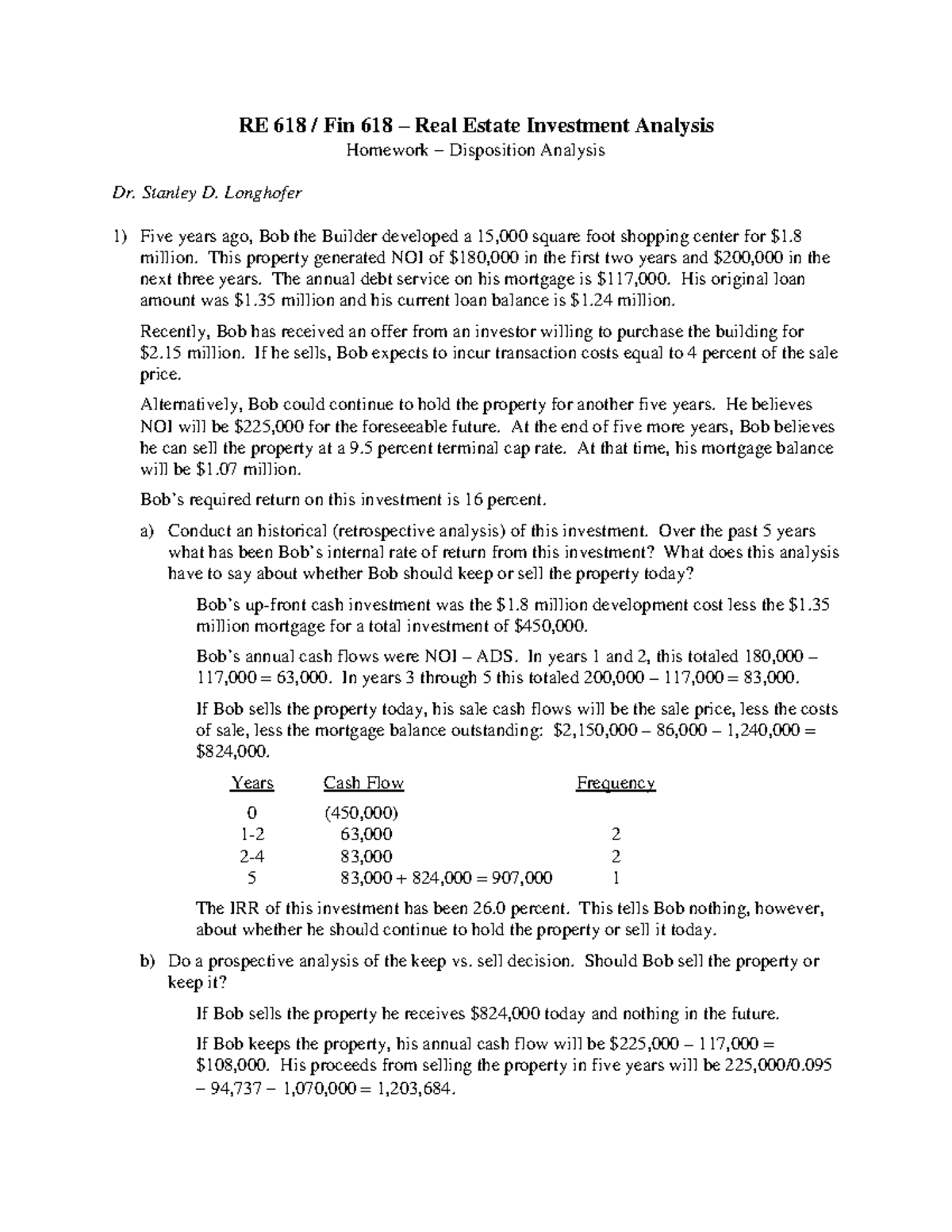 RE618 HW Disposition Analysis S - RE 618 / Fin 618 – Real Estate ...