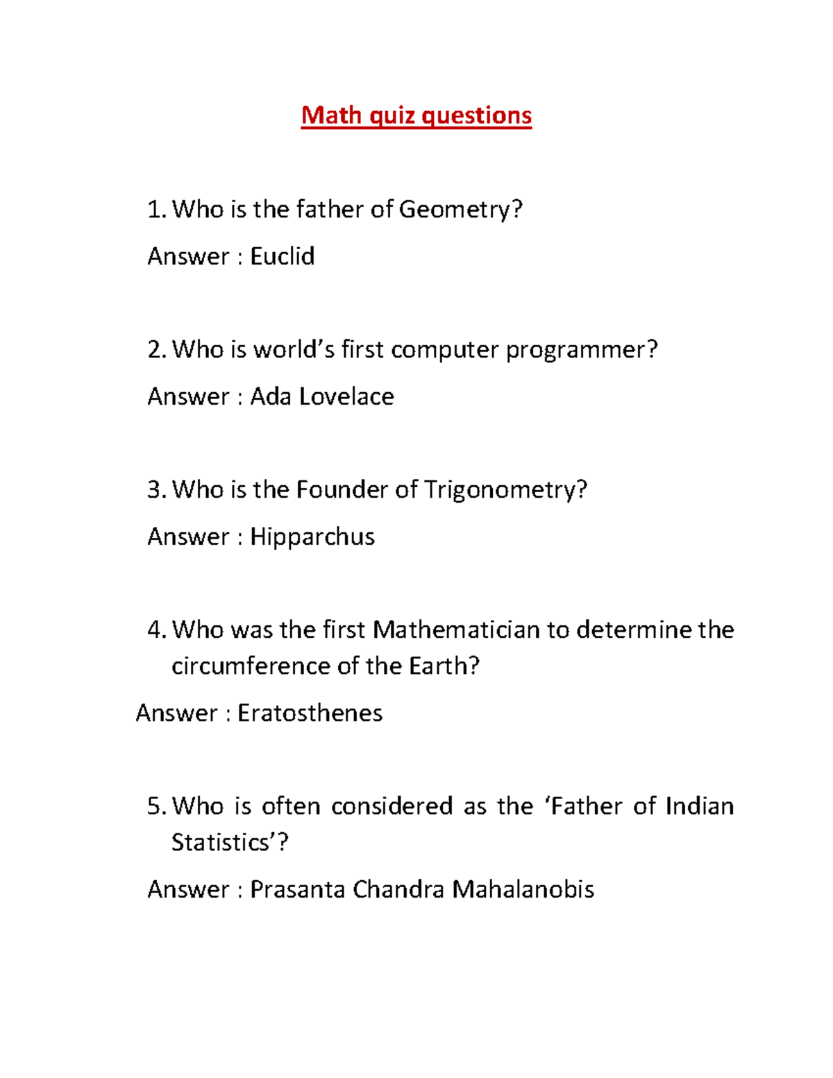 Maths General quiz question and answer Math quiz questions Who is the father of Geometry