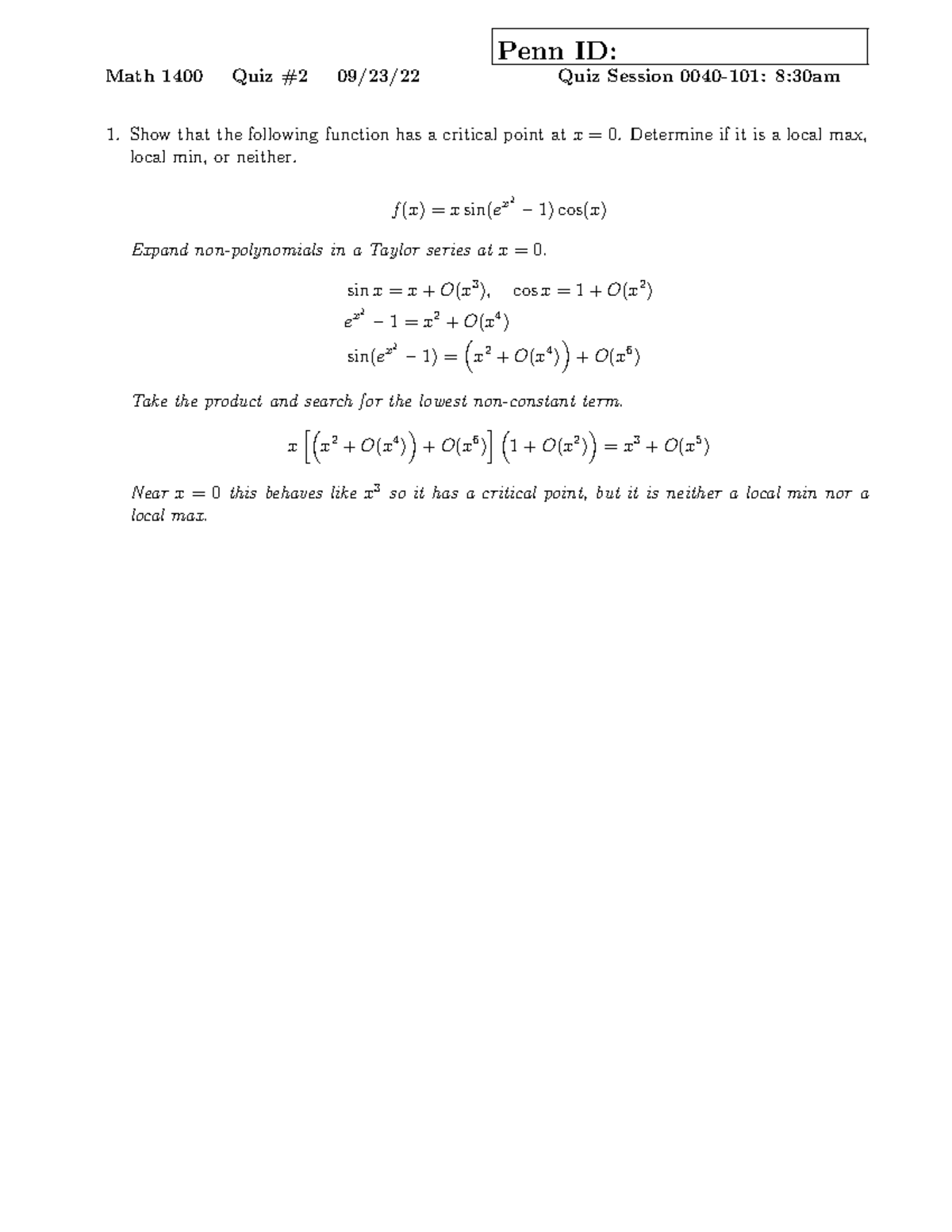 Quiz2-101-Solutions - Weekly Quiz - Math 1400 Quiz #2 09/23/ Penn ID ...