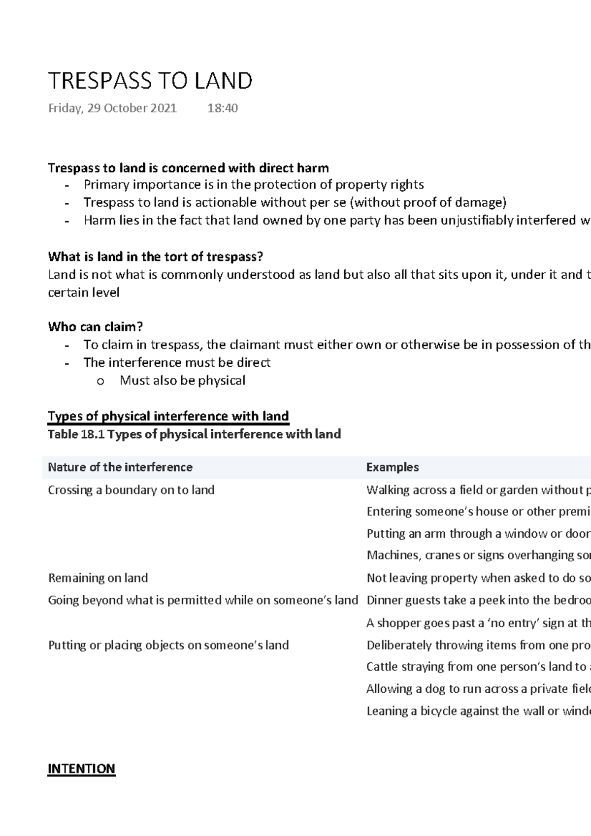 Trespass TO LAND notes from lecture - Trespass to land is concerned ...