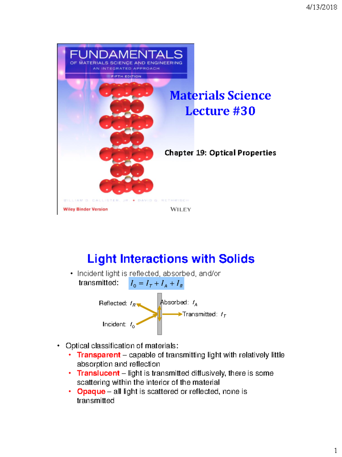 Spring 2018 Materials Science Lecture 30 Chapter 19 MAC Materials