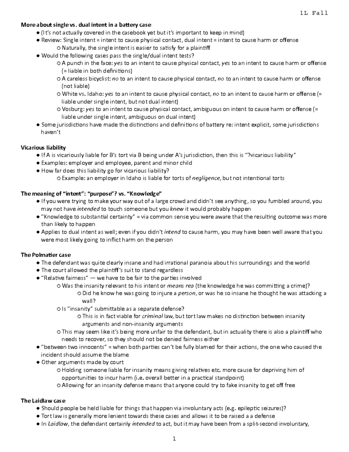 Intent (8212018 ) tort law notes 1L Fall 1 More about single vs