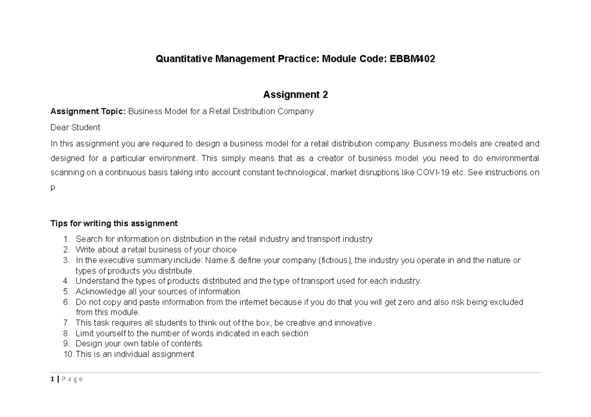 Assignment 2 - Design business model for distribution company ...