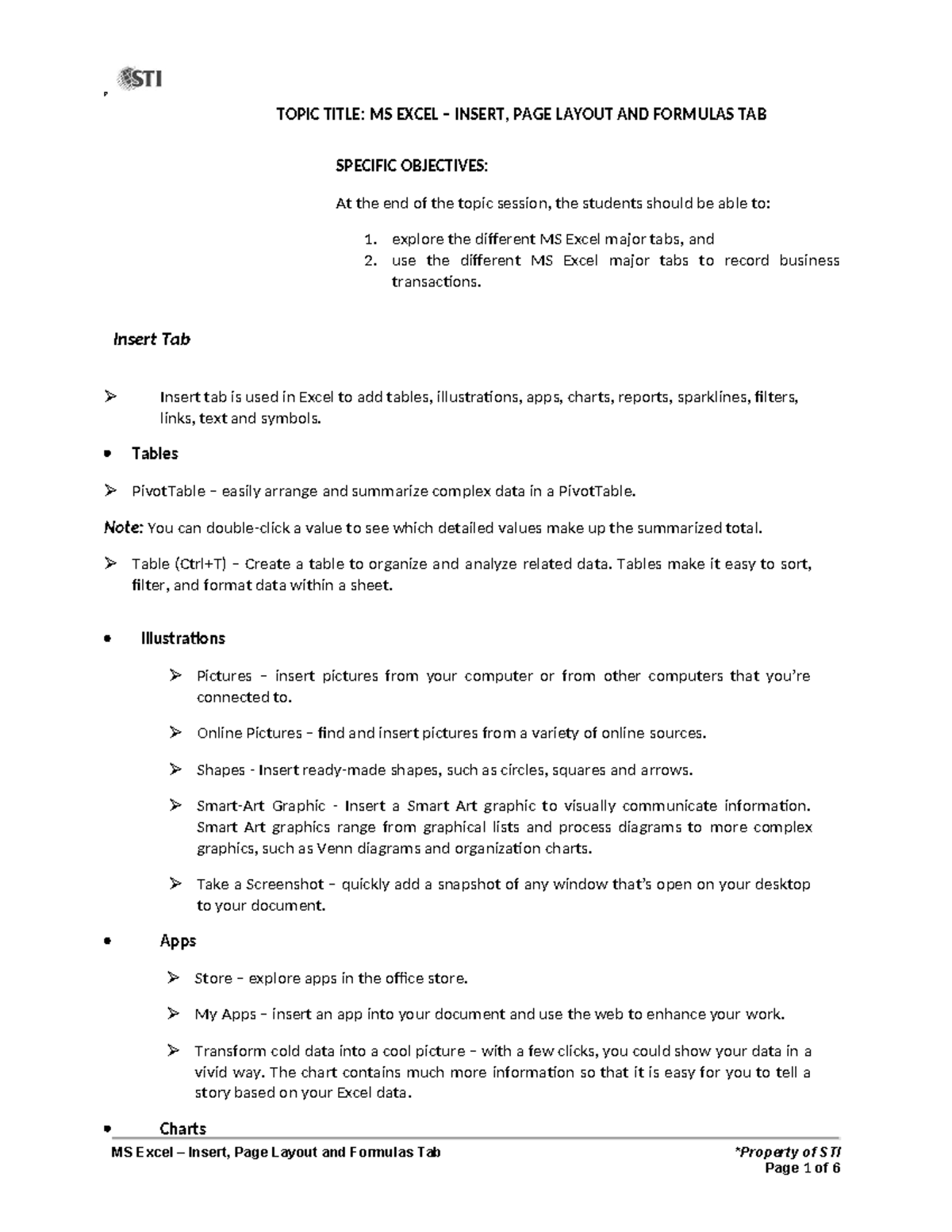 Handouts MS Excel - MS Excel – Insert, Page Layout and Formulas Tab ...