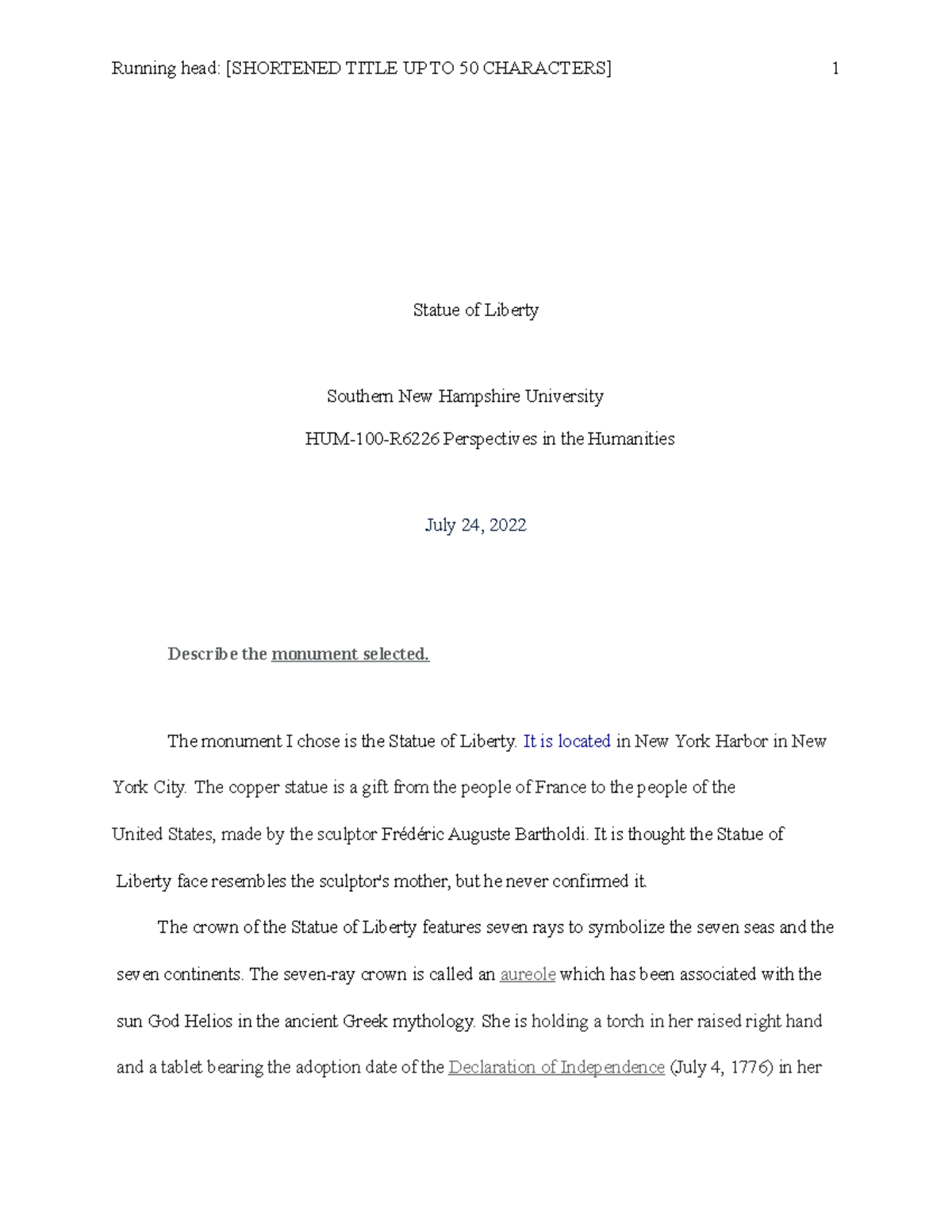 Statue of liberty Essay got an "A" Running head [SHORTENED TITLE
