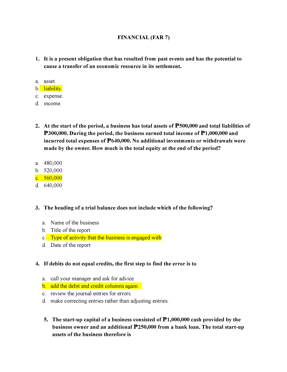 Financial FAR 7 - IT COMPOSE OF MULTIPLE CHOICE QUESTION WITH ANSWERS ...