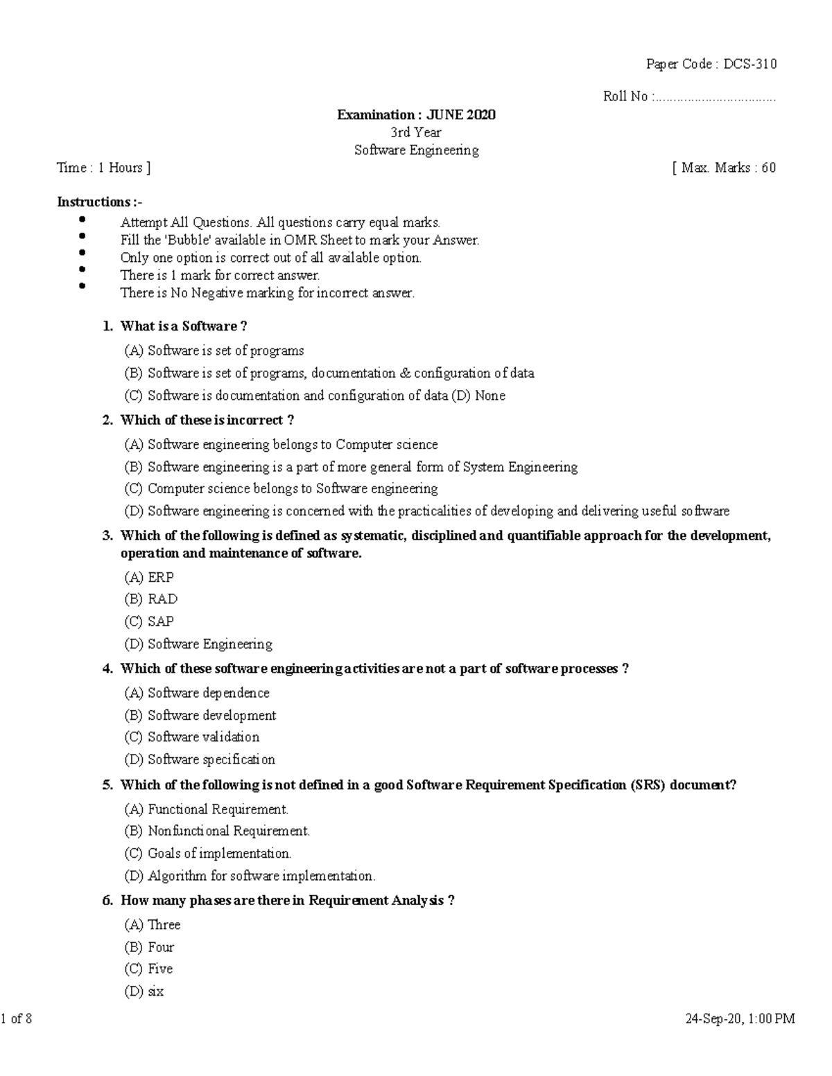 Exam Attachments DCS-310 - Paper Code : DCS- Roll No ...