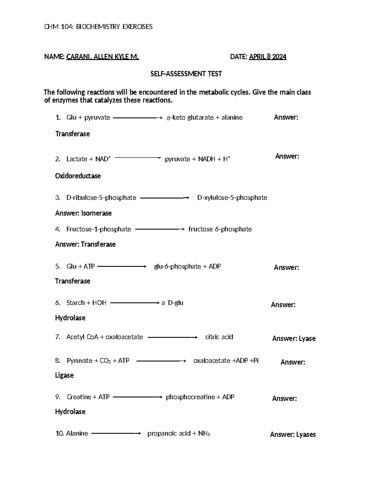 Enzyme Exercise - CHM 104: BIOCHEMISTRY EXERCISES NAME: CARANI, ALLEN ...