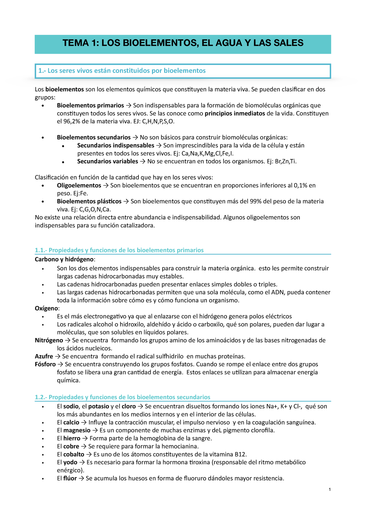 TEMA 1 LOS Bioelementos, EL AGUA Y LAS Sales Minerales - Los ...