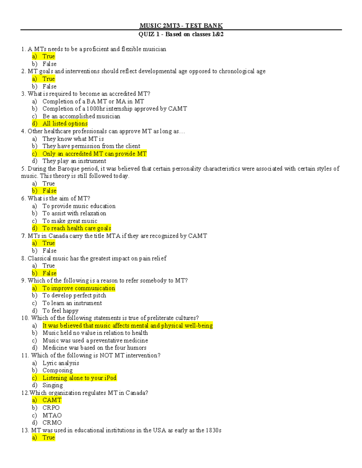 Quiz bank 1 - nooooo - MUSIC 2MT3 - TEST BANK QUIZ 1 - Based on classes ...