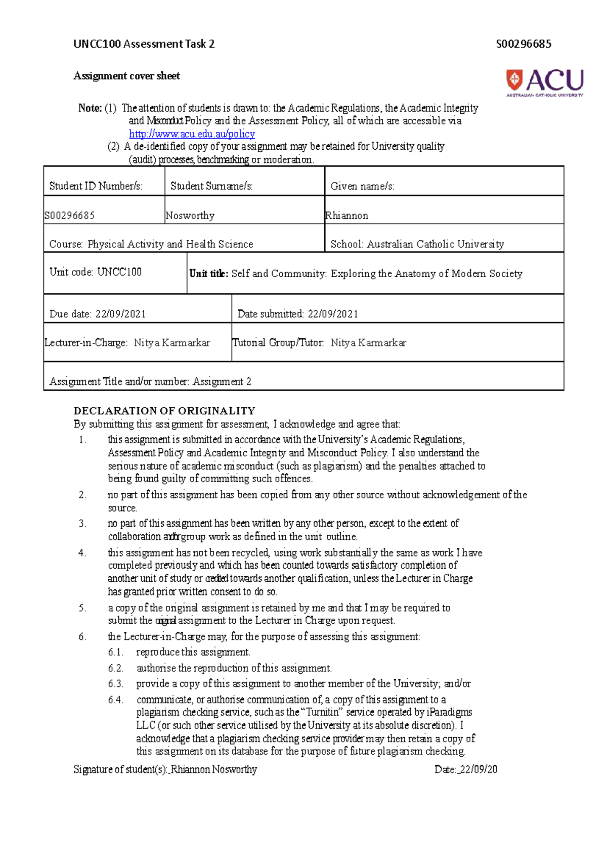 Assessment 2 Reflection Of Catholic Social Thought Principles - UNCC100 ...