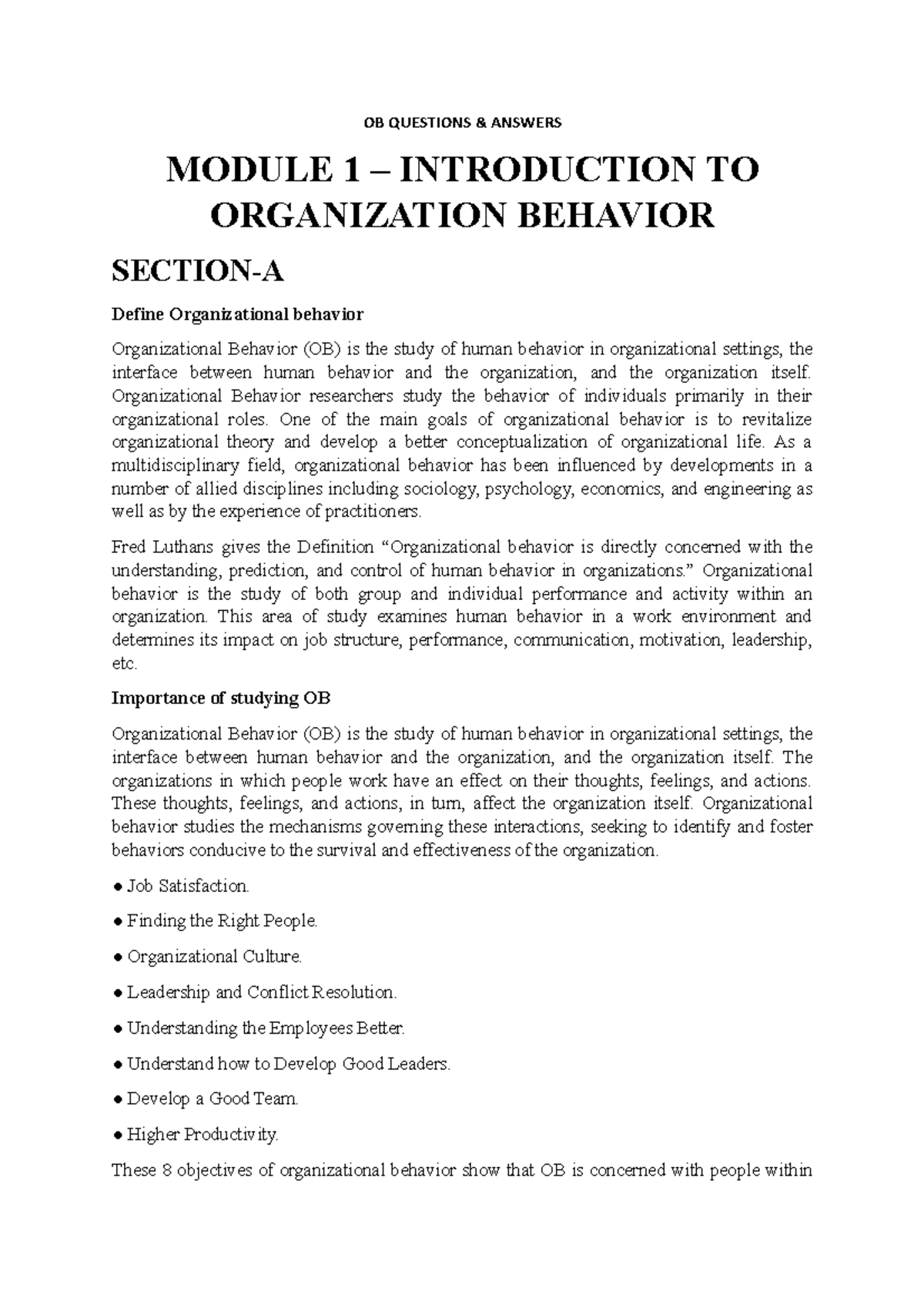 Question and answers of INTRODUCTION TO ORGANIZATION BEHAVIOR ...