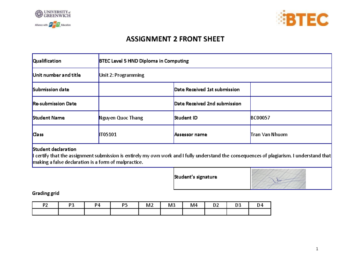 Programming Assignment 2-Nguyen Quoc Thang - ASSIGNMENT 2 FRONT SHEET ...